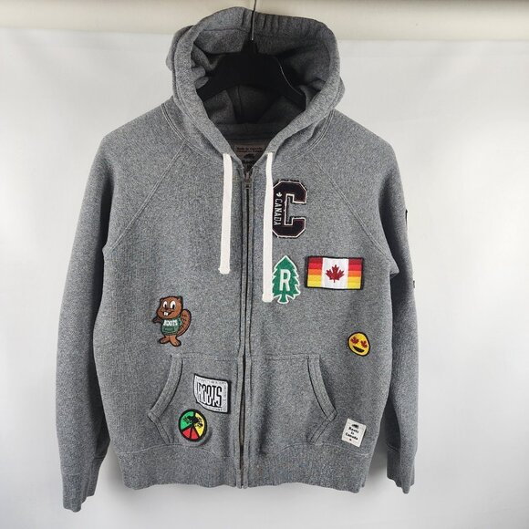 Roots in Canada Hoodie Mens Large Gray Full Zip Patches - Picture 1 of 11